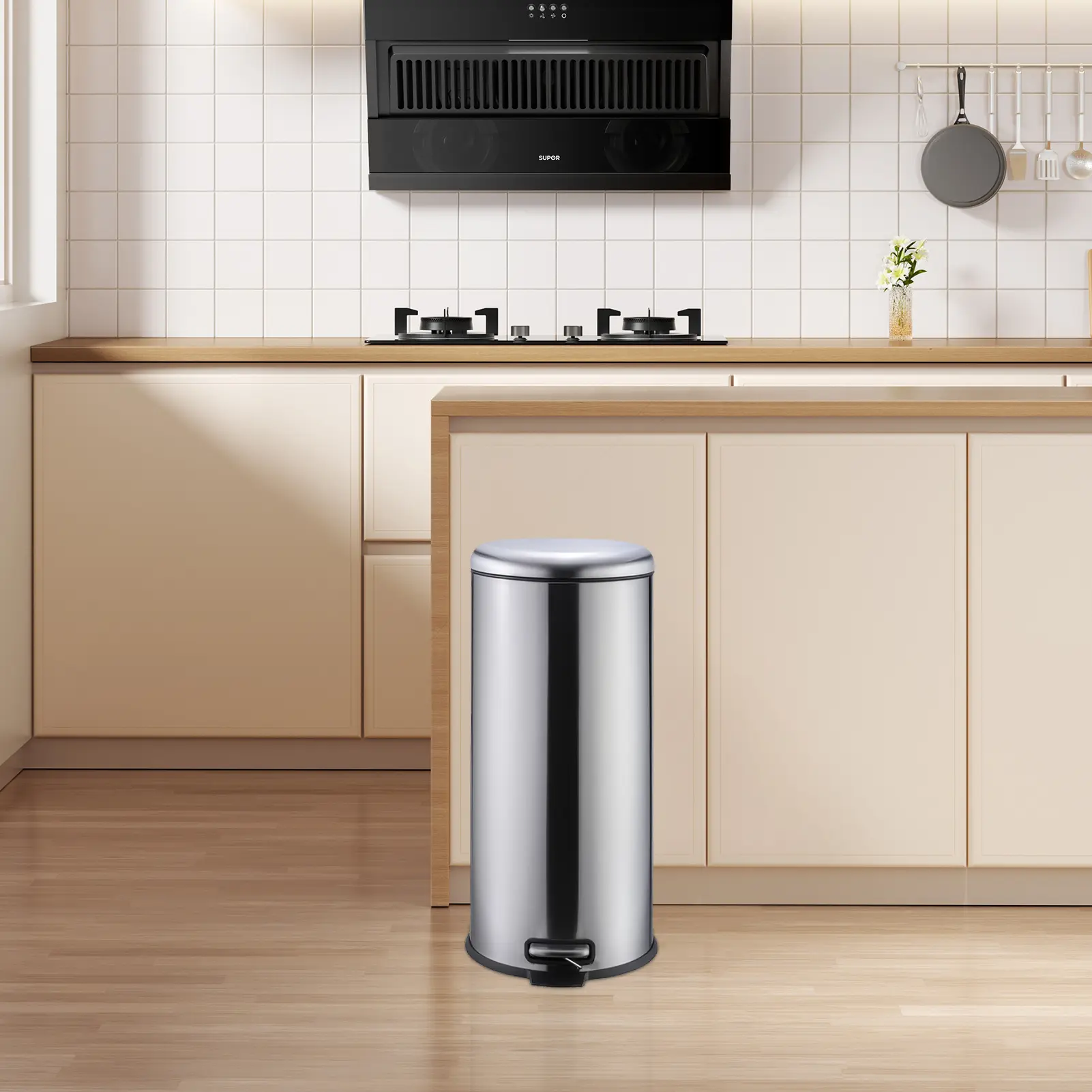 8gal (30L) Round Stainless Steel Pedal Trash Bin - Kitchen Indoor Bin with Soft-Close Silent Lid, Hands-Free Step-On Design, Removable Inner Bucket for Home Cleaning, Kitchen Waste Bins
