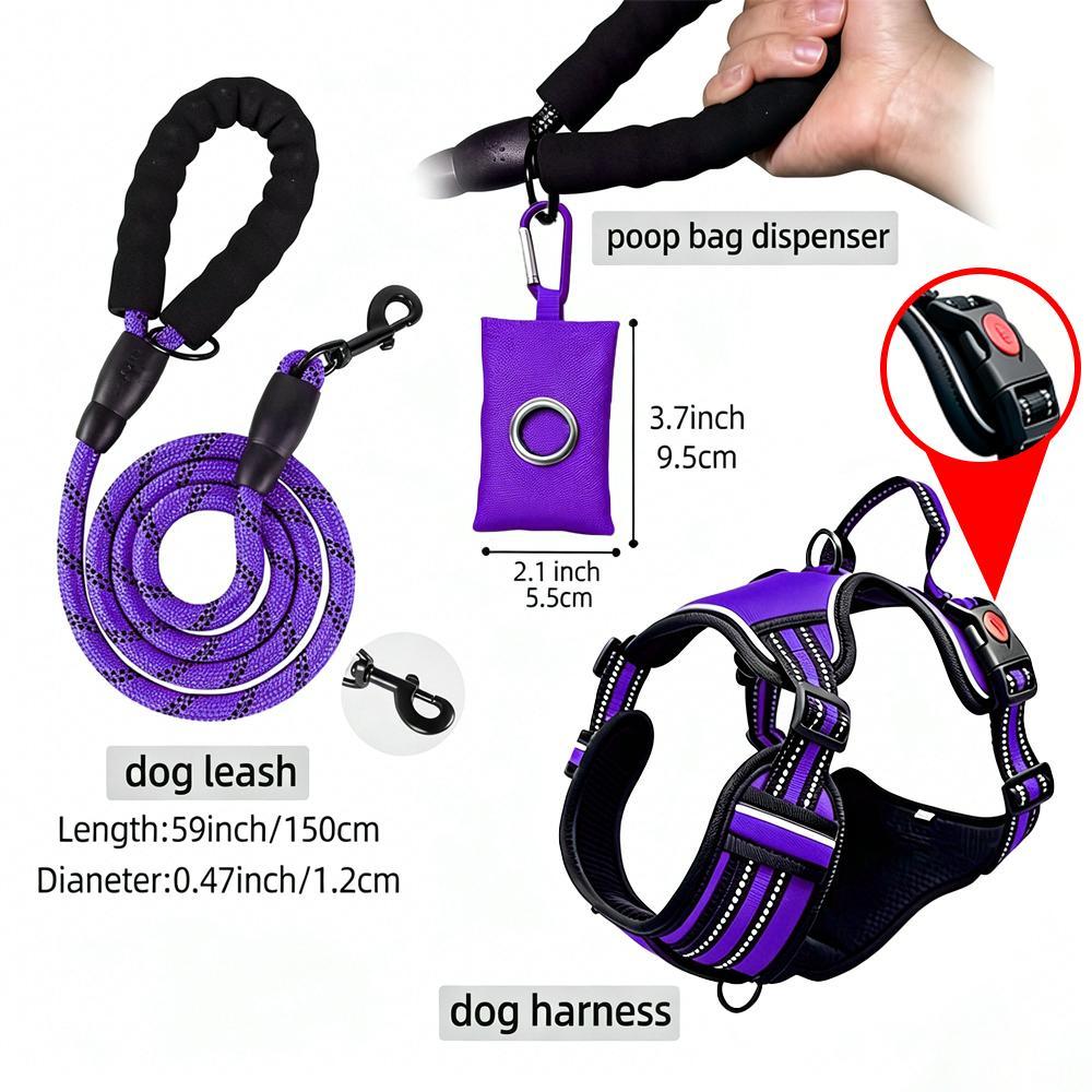 HELETY 3-Piece No-Pull Dog Harness Set with Leash and Waste Bag Holder, Adjustable Reflective Vest, S–XL