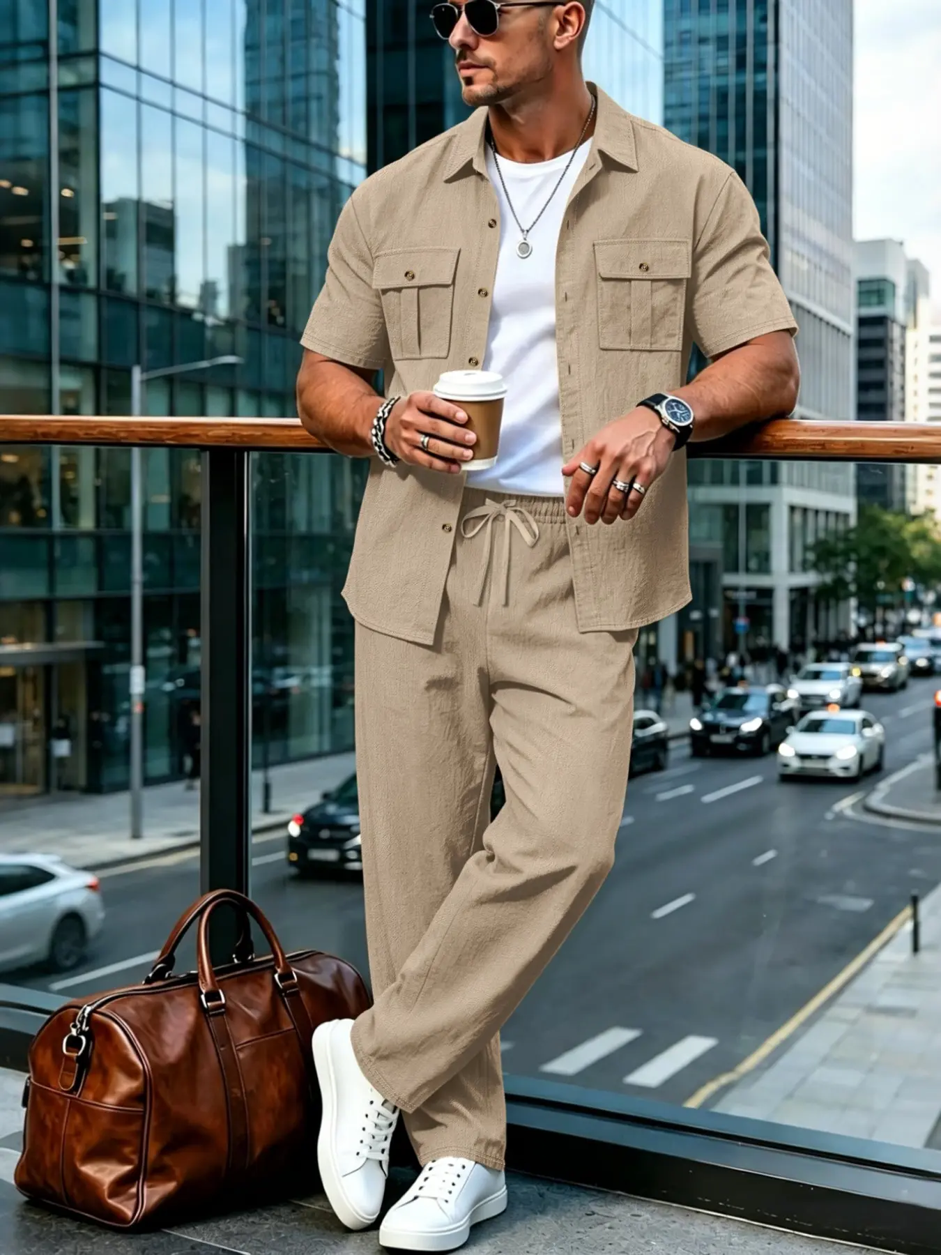Summer Linen Style Men's Casual Short Sleeve Shirt and Long Pants Set, Resort Wear Set, Breathable Loose Fit Two-Piece, Drawstring Waist, Ideal for Vacation and Daily Wear Clothes, Clothing Sets, Menswear