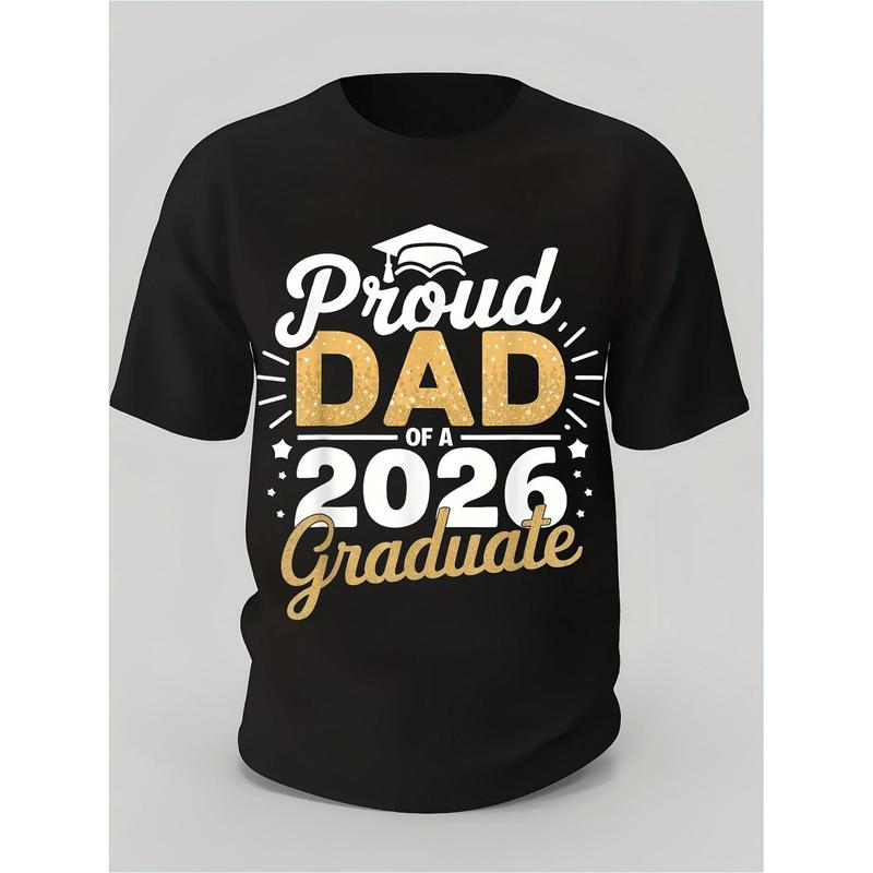 Men's 2026 Graduate Theme Round Neck Shortsleeve T-Shirt - Proud Dad Menswear Gift, Golden Lettering & Diploma Graphic Print, 100% Cotton 220gsm Lightweight Loose-Fit Black Streetwear Outfits Top, S-5XL (Sports & Outdoor Tops)