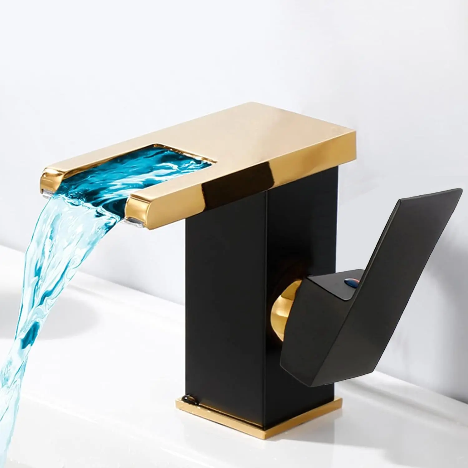 Black & Golden Brass Body LED Bathroom Faucet - Deck-Mounted Single Handle, Temp Sensor 3-Color Changing LED, Rotatable Spout, Stainless Steel Bathroom Sink Tap, Suitable for Commercial Users, Bathroom Faucets