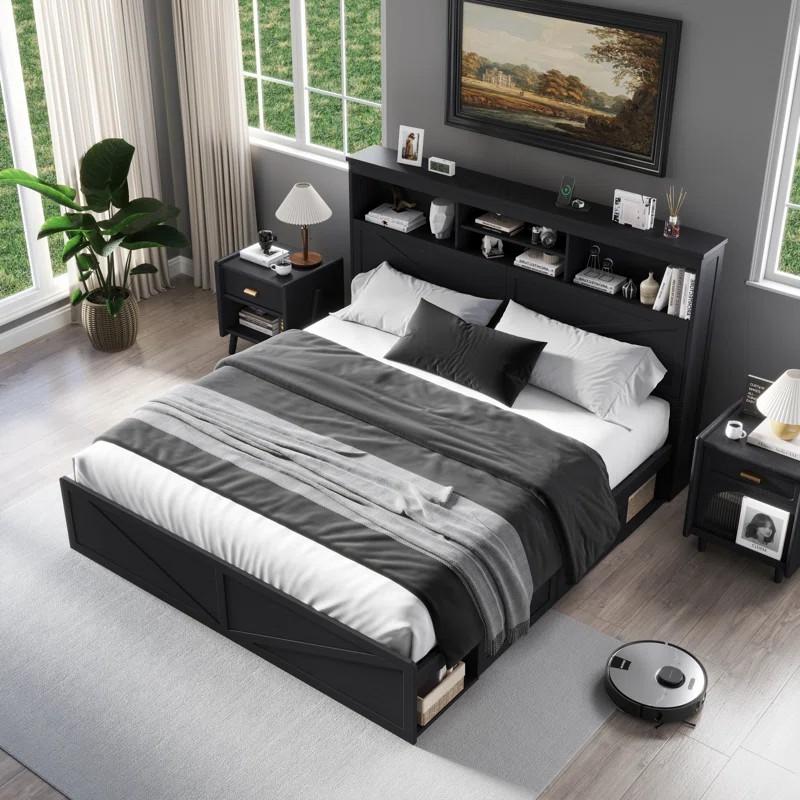 LINGMU Modern King Size Storage Bed Frame with 52” Tall Headboard, Noise-Free Slat Support, 4 Drawers & 2 Cabinets, Black