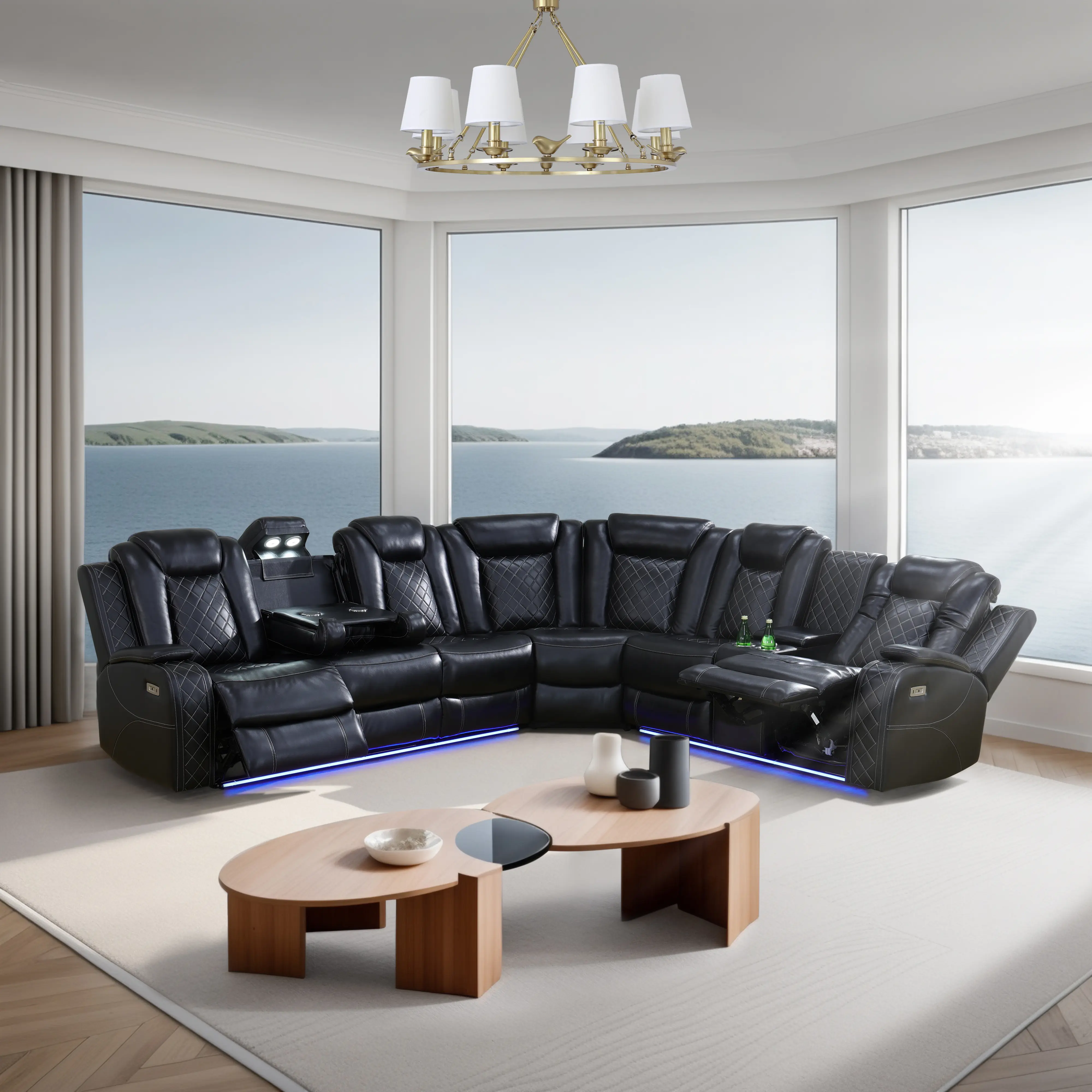dwh-homi Summervibes 3-Piece Modern Black Breathable Leather 6-Seater Recliner Sectional Couch Set - Fixed Arms, Push-Back Reclining, Cup Holders, Storage, Cushions, Durable Indoor Living Room Furniture, Comfy Couch