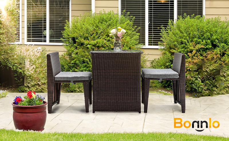 Bonnlo 3 PCS Wicker Outdoor Patio Bistro Set, Patio Furniture Set for Small Space with Glass Top Table Dining Chairs, Balcony Furniture Patio Table and Chairs Set of 2 for Garden Yard Porch (Brown)