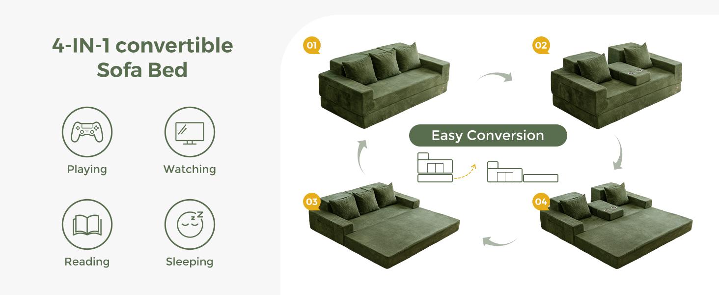MAXYOYO Convertible Sofa Bed, 80" Oversized Boneless Loveseat Couch 4 in 1 Foldable Floor Sofa Couch in A Box with 2 Cup Holders, Folding Sleeper Chair for Living Room, No Assembly Required