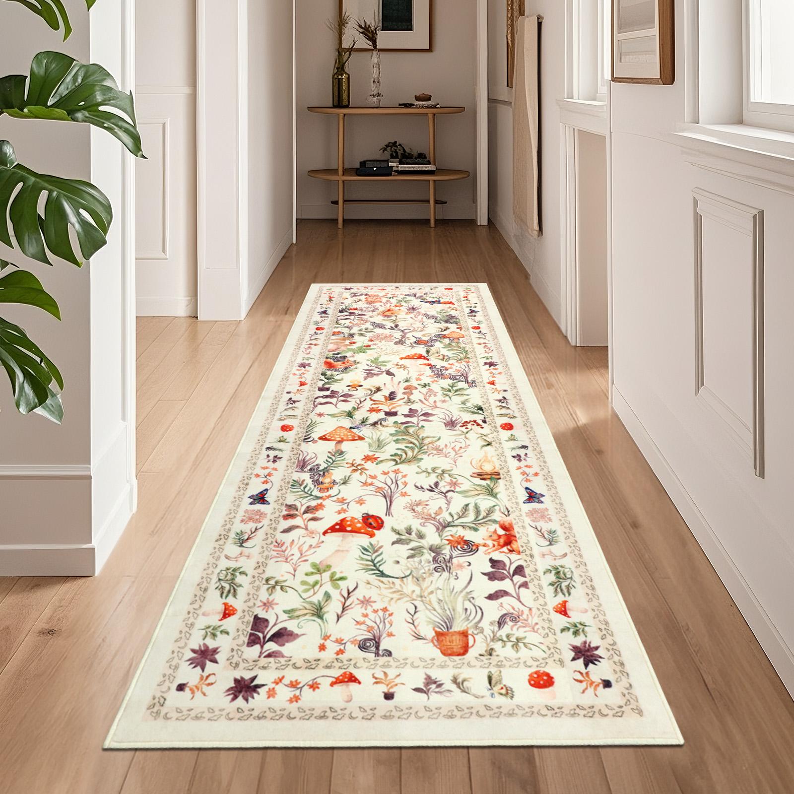 [Restock Up Sale]Geanup Fantasy Fox Animal Runner Rugs for Hallway, Non Slip Botanical Kitchen Rug, Soft Thin Jungle Fox Bedside Runners, Cute Mushroom Accent Floor Carpet for Bedroom Hall Bathroom Laundry