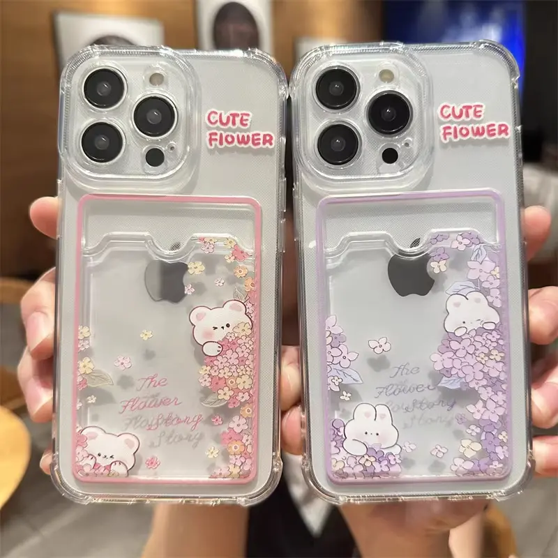 Cartoon Bunny & Flower Themed Card Holder iPhone 15 Cover - TPU Smartphone Protection Accessory with Back Card/Photo Slot, Shockproof, Drop-Resistant, Exquisite Design, Handheld
