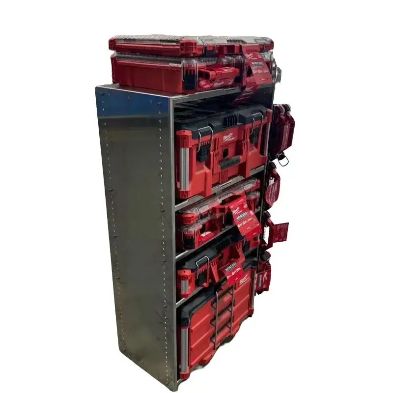 48 inch tall Milwaukee Packout Shelf Rack System Full Size Tool Box Railing Version 25 Inch Wide Milwaukee Packout System with Red Tool Boxes