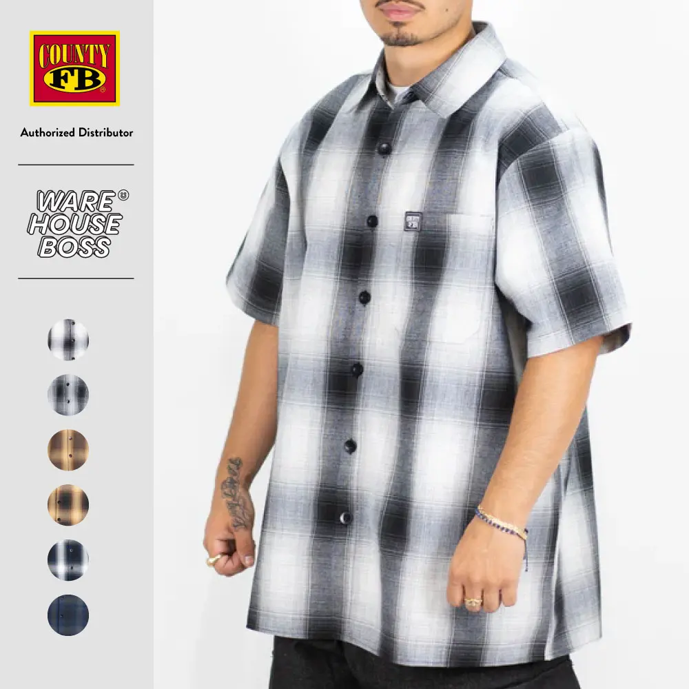 FB COUNTY Men's Short Sleeves Checker Flannel Shirts with Pocket FBCOUNTY Casual Two Toned Plaid Short Sleeve Checker Pattern Shirt Hip Hop Harem