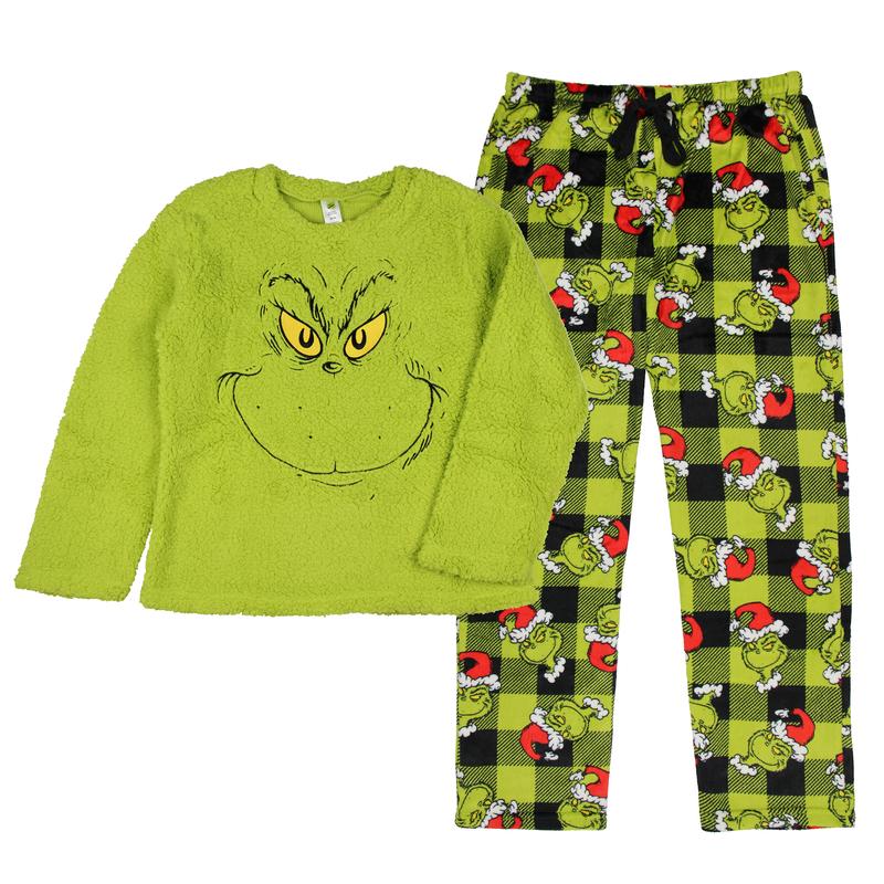 The Grinch Pajama Set Dr. Seuss Women's The Grinch Santa Fleece Buffalo Plaid Sleep Pajama 2 Piece Set Lounge