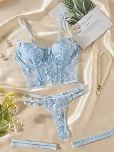 3 Piece Three-Dimensional Lace Embroidered Flower Corset, Translucent Mesh Cross Tie Design Women's Steel Ring Bra Set, Corset Top And Underpants +Leg Strap Three Piece Set, Women's Underwear Set, Is The Perfect Gift For Dating And Give To Sisters