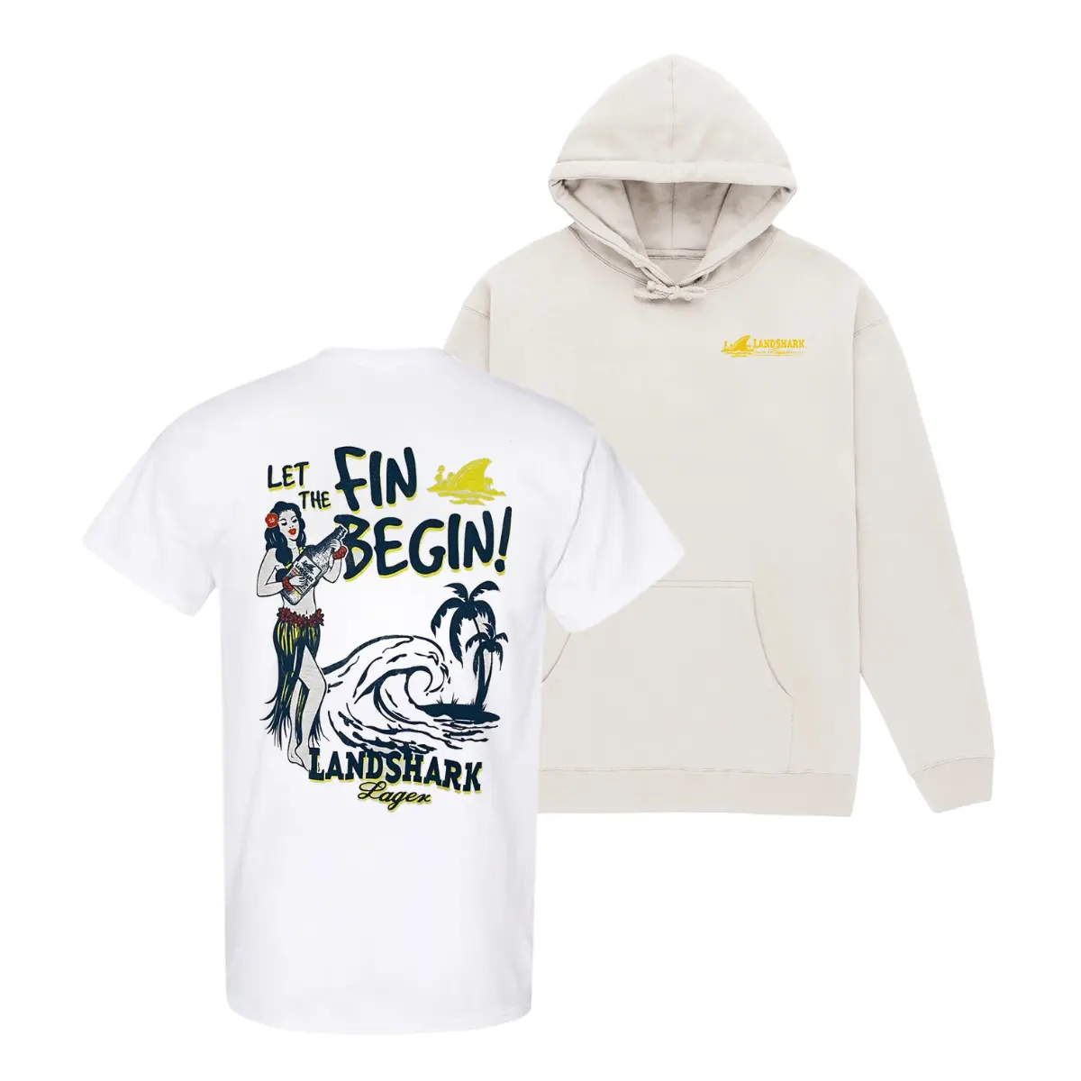 Let The Fin Begin LandShark Lager T Shirt, Tropical Beach Party Graphic Tee, Soft Cotton Blend T Shirt, Island Lifestyle Beach Lover Apparel for Men & Women, Summer Vacation Gift, 2 Sides