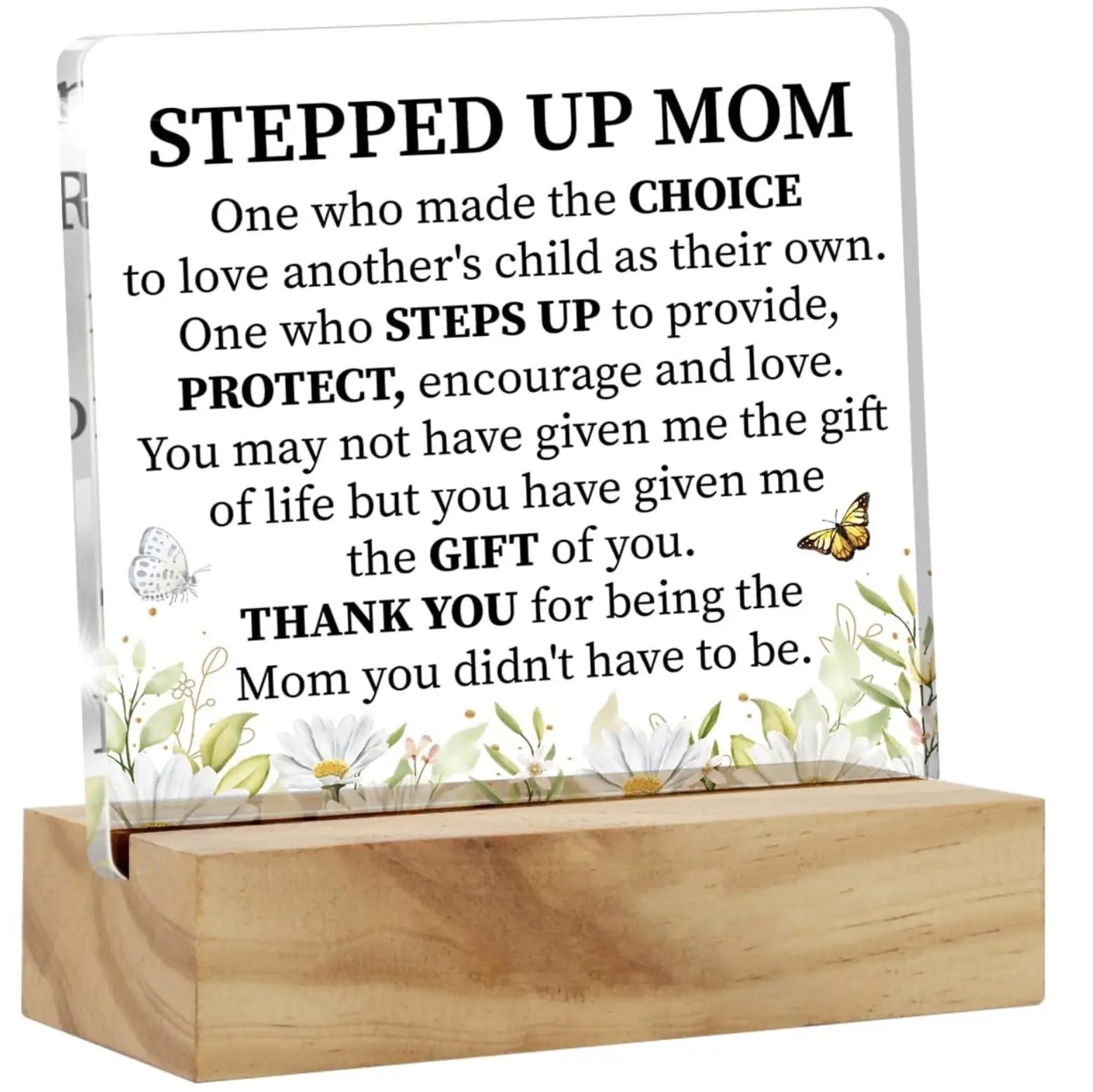 Acrylic Stepmother Gift Stepmom Desk Decor Present, Floral Stepped Up Mom Thank You Decorative Clear Acrylic Desk Plaque Sign with Wood Stand for Home Birthday Mother's Day Xmas