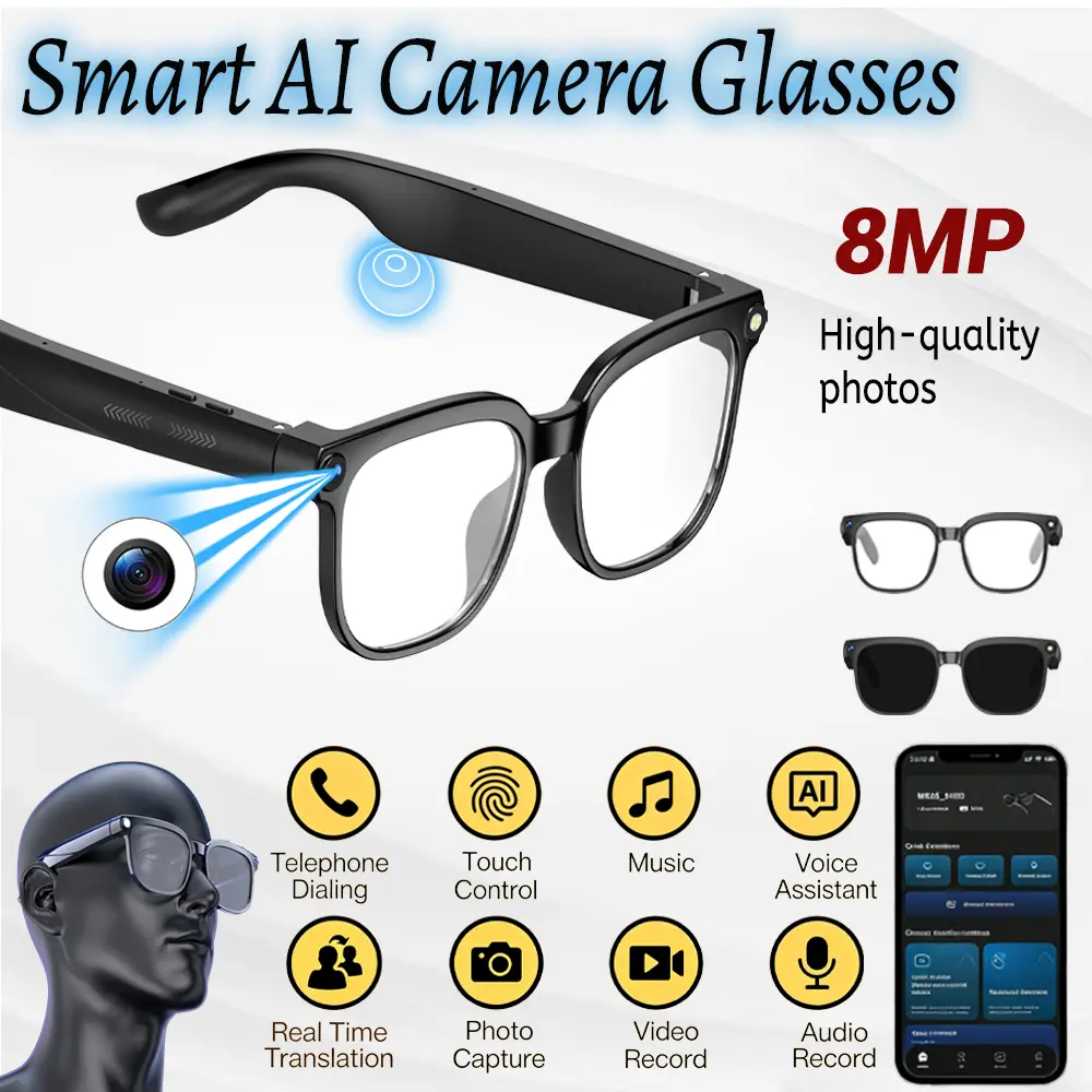 2026 Smart Al Camera Glasses with 8MP Lenses HD Camera,Hands-Free Photography, Smart touch + physical buttons, Hands-Free Photography 160+Languages Real-Time TranslationBluetooth Wireless calling For Travel Outdoor Adventures,father's day gift