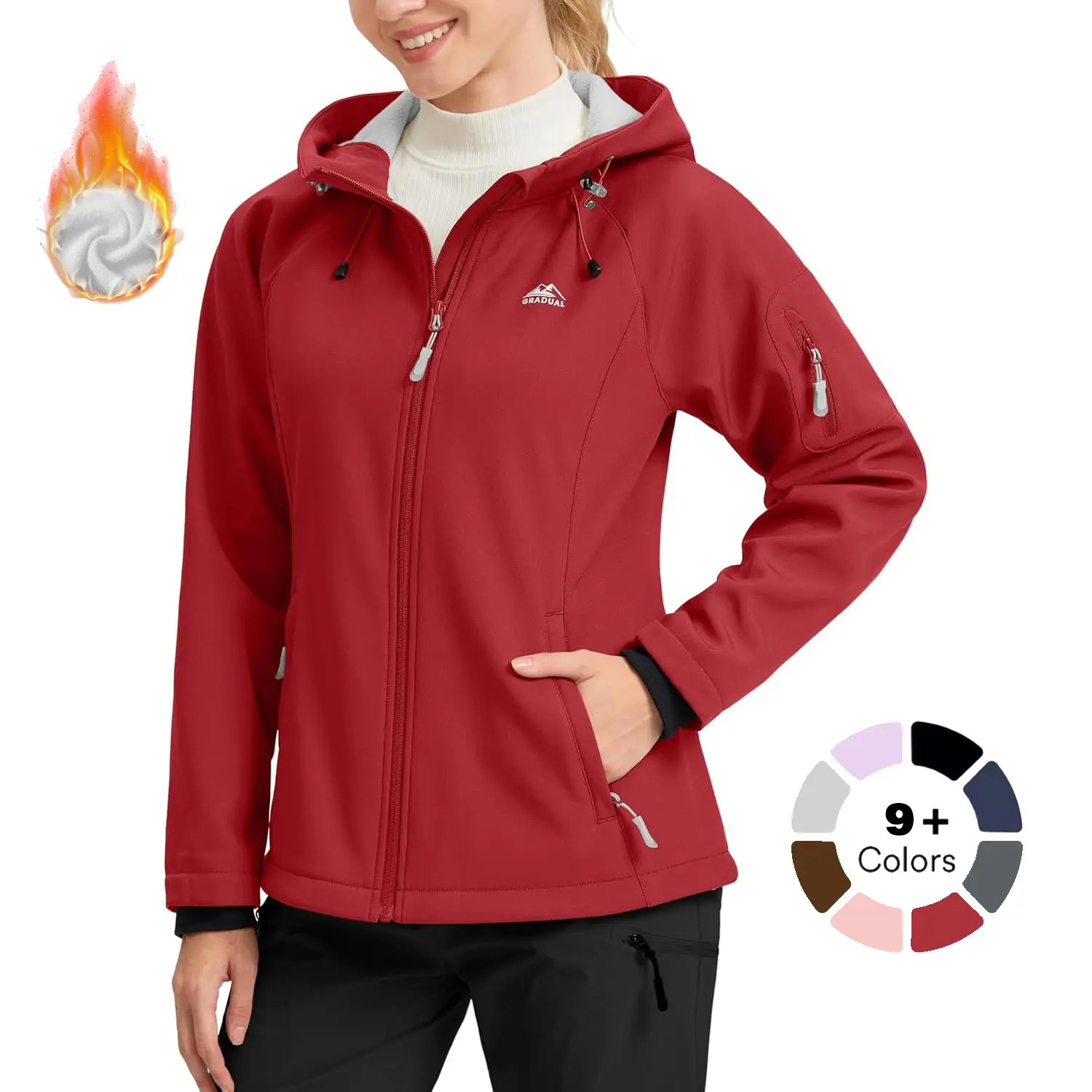 G GRADUAL Women's Hooded Fleece-Lined Softshell Jacket, Windproof Waterproof Activewear with 6 Pockets for Winter Hiking, Sizes S, M, L, 6Pocket Quick Grab, Jackets, Lightweight Women's Sports Jacket
