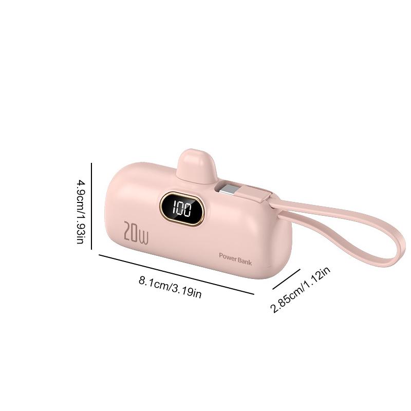 1PCS A pink. 5000mAh Mini Portable Power Bank, PD Fast Charging With LED Display, Type-C & IPhon Cable, Compatible With IPhon 6–15 Series
