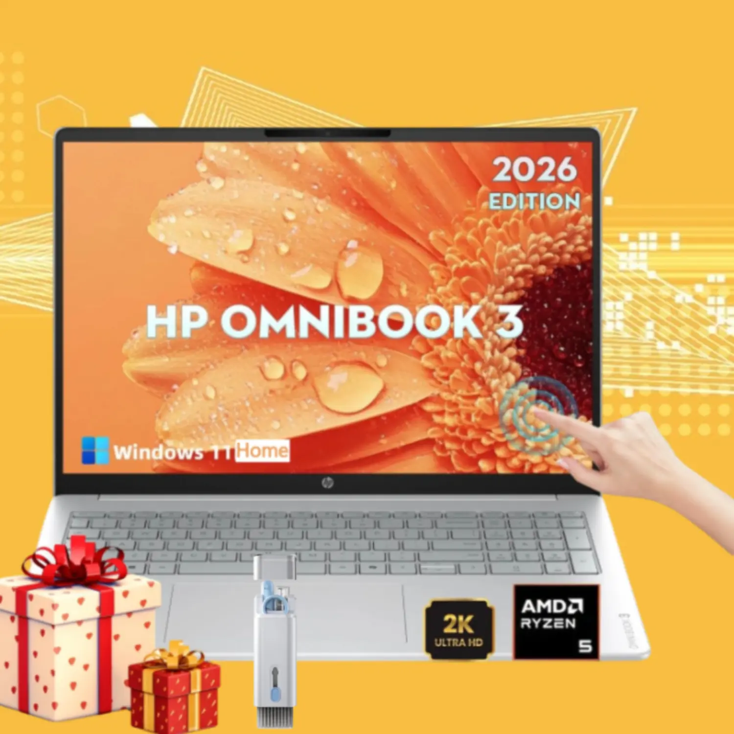 HP OmniBook d1523 2026 Edition 16-in 2K IPS Touchscreen 2-in-1 Laptop - AMD Ryzen 5 40, Up to 8GB RAM, 512GB SSD, Radeon 610M Graphics, FHD Camera, Copilot AI, Windows 11 Home, for Business Users with Accessory Bundle