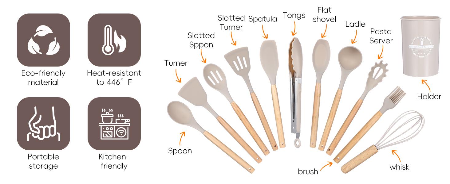 【Holiday Deals】12 Pcs Kitchen Utensils Set, 446°F Heat Resistant Silicone Cooking Utensils Set, Non-Toxic Wooden Utensil Set, Kitchen Gadgets Tools Set for Nonstick Cookware, Kitchen Accessories, Khaki