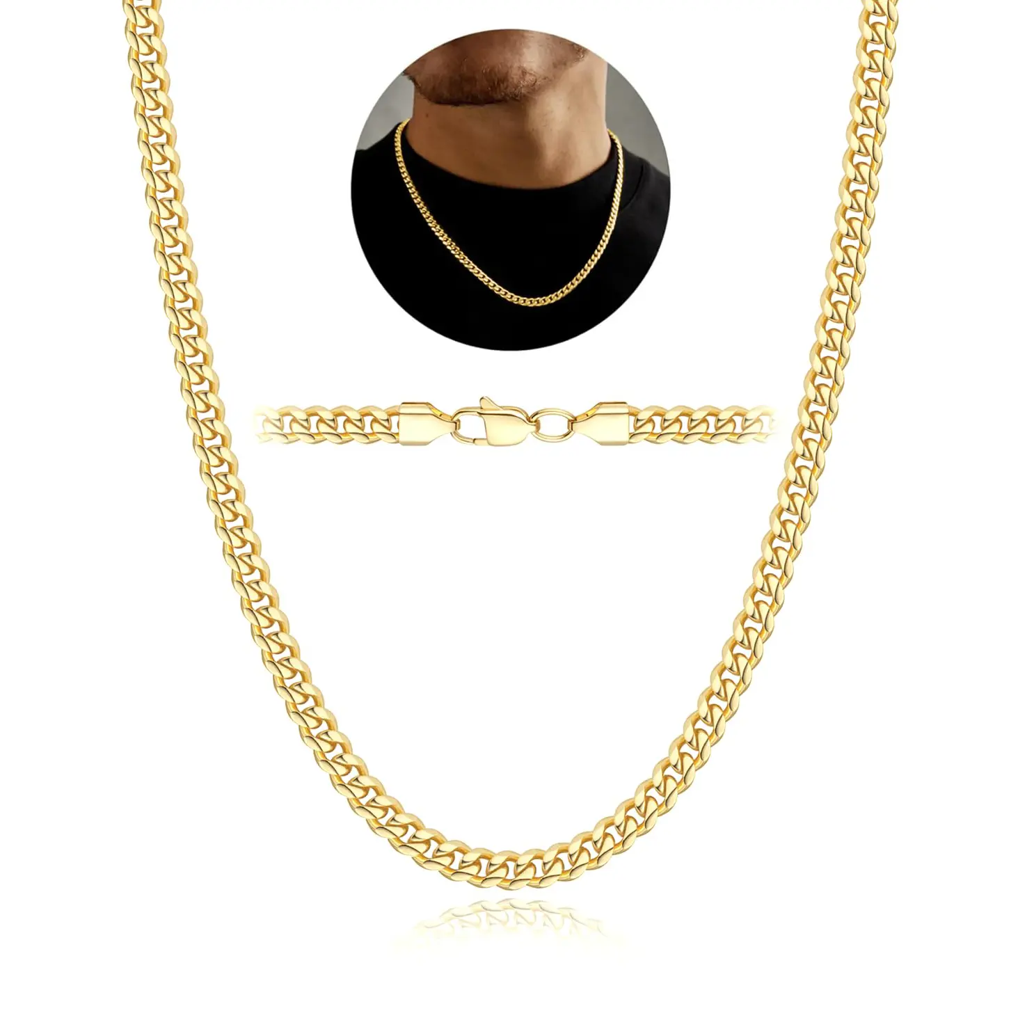 3.5mm Cuban Link Chains for Men, Silver Tone/Black/14K Gold Plated Stainless Steel Necklace Chain, Mens Necklace 18, 20, 22, 24, 26 Inch