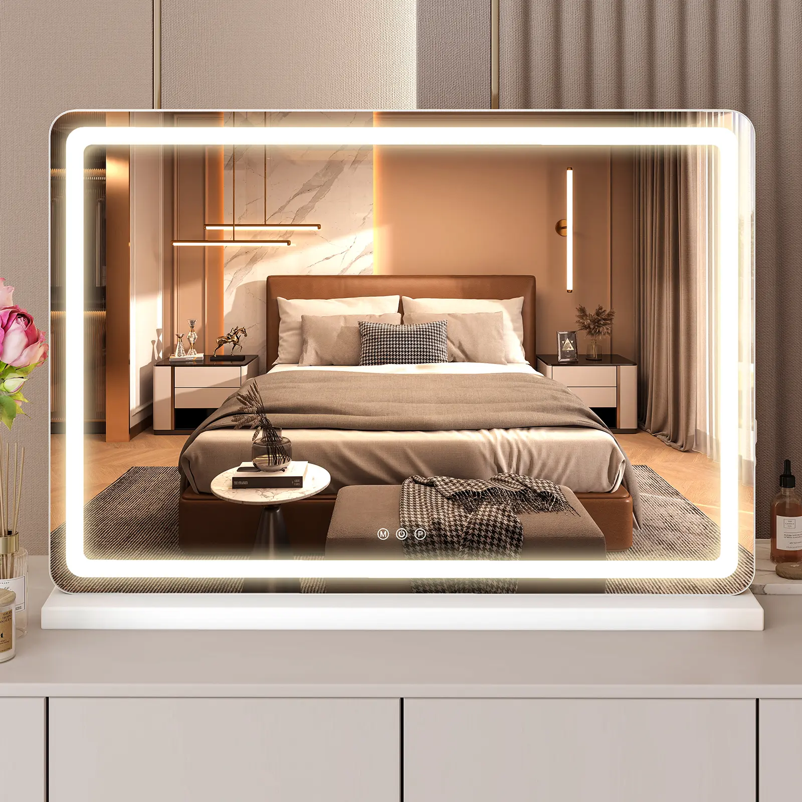 LED-Powered Adjustable White Square Illuminated Vanity Mirror - Durable Aluminum Modern Light-Up Backlit Tabletop Mirror, Dimmable 3-Color Lights, Touch Screen Control, High-Def for Bathroom Dresser & Home Decor, Illuminated Mirror, Led-Powered Tabletop M