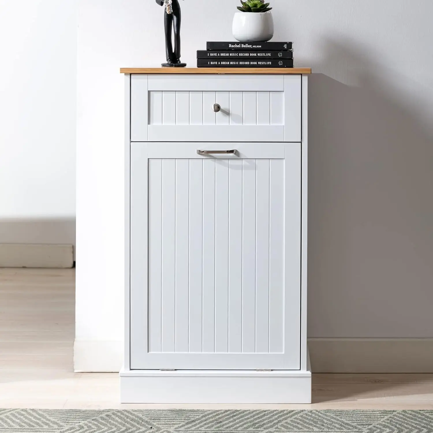 Freestanding Bamboo Tilt-Out Trash Cabinet - Kitchen Cupboard with 1/2/3 Bins, Drawer, Cutting Board, Pet-Proof Storage & Recycling Station,dorm essentials,home decor