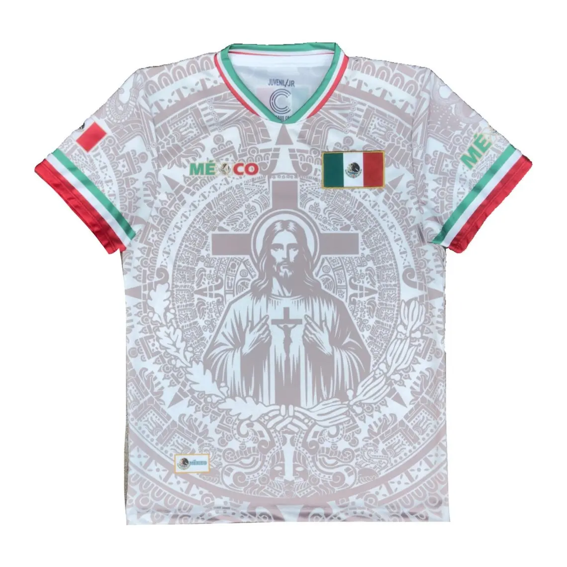 Brown & White Santo Cristo Jersey, Unisex Mexico Soccer Shirt, Mexican Religious Jersey, Cultural Heritage Fan Apparel, Faith Inspired Gift