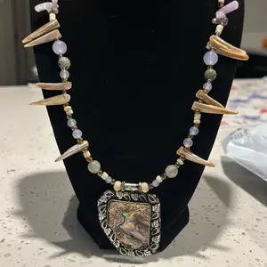 Abalone Pendant Seashell Amethyst Quartz & Agate Natural Gemstone  Necklace Handmade One of a Kind with Unique Beads and Centerpiece