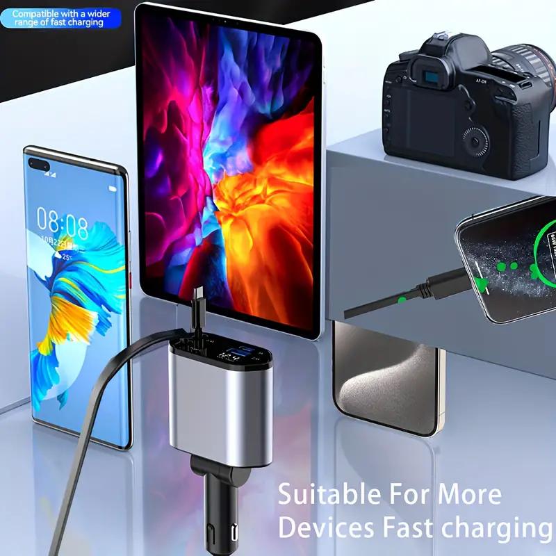 4-in-1 Retractable Fast Car Charger with Voltage Monitor Dual USB Ports for iPhone & Type-C PD QC3.0 AFC MTK FCP Compatible with 12V-24V Cars