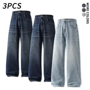 3-Pack Men’s Classic Vintage Wash Wide-Leg Denim Jeans, Loose Fit, High Waist, Casual American Streetwear Pants
