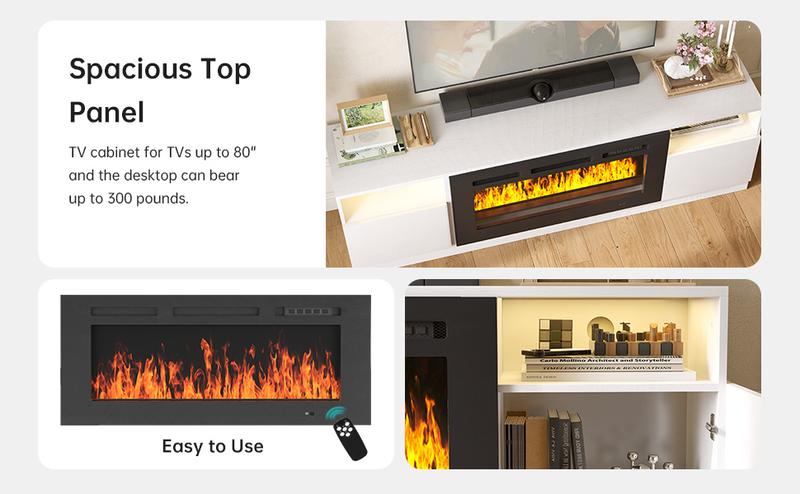 【2 Packages Shipping】oneinmil 70" TV Stand with 36" Electric Fireplace Modern Media Entertainment Center White Black Storage Cabinet 12 LED Colors for TVs Up to 80"