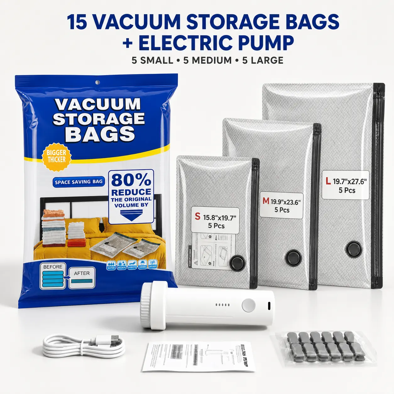 【US】PeaWove Silicone 15 Pcs Vacuum Storage Bags Variety Pack with Electric Pump - Household Organiser for Closet Clothes, Bedding Space Saving Compression,back to school,back to school haul