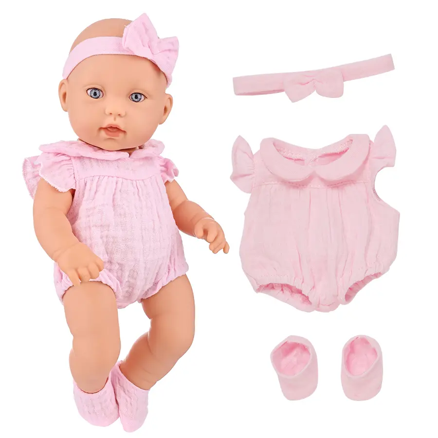 Lifelike Open Eyes Reborn Baby Doll 12 Inch Soft Vinyl Newborn Doll Pink Muslin Outfit With Bow Headband Cute Play Toy Gift For Girls Kids