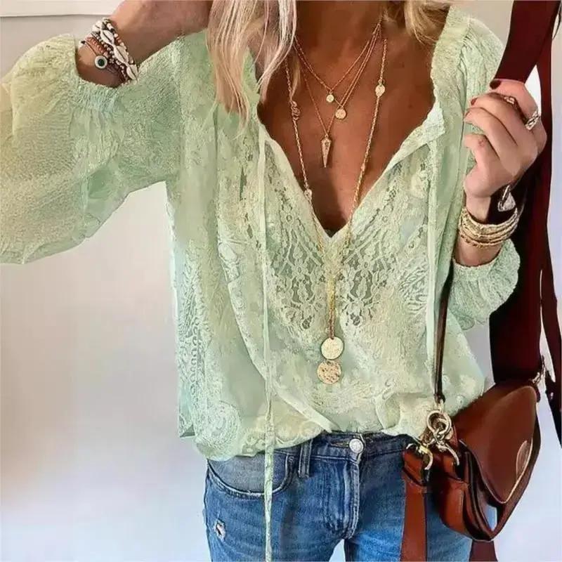 2026 blouse Women's Blouses Spring Summer Fashion Boho Lace Hollow Out Deep V Neck Pullover Shirt Women Elegant Casual Blouse Female Tops White Formal women's summer outfits Fabric Soft Womenswear Chic