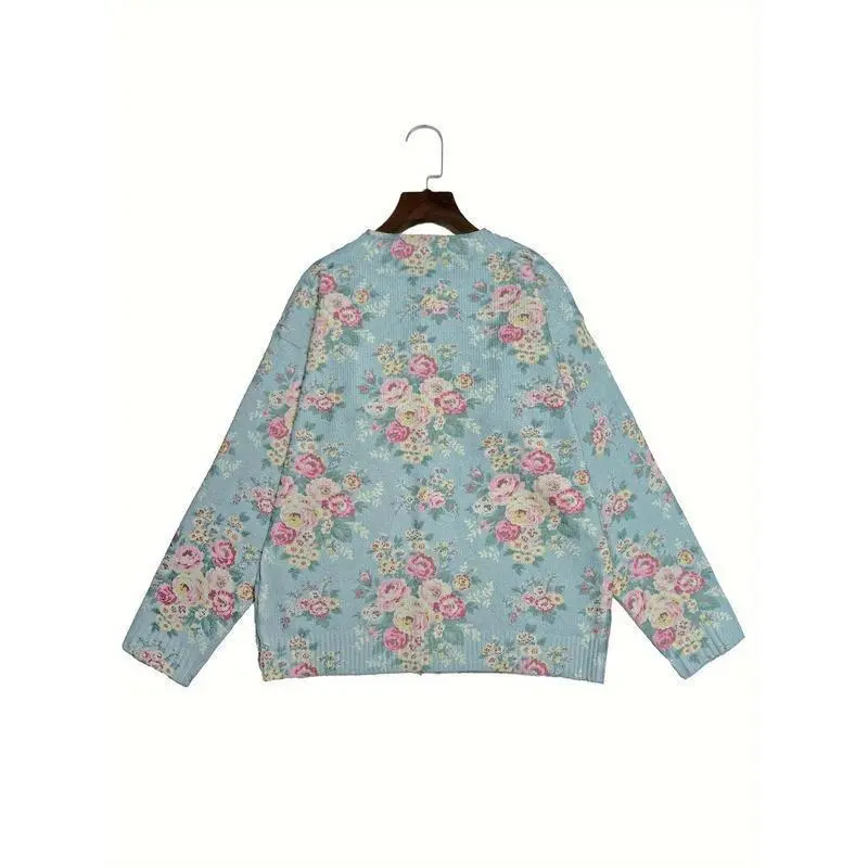 Plus Size, Women's Light Blue Floral Print Cardigan Sweater Coat - Soft Polyester Blend All-Season Lightweight Jacket with Front Button Closure, Long Sleeve Casual Outerwear, Pastel Spring Colors (Pink/Green/Blue/Purple) for Everyday & Form Plus Size, Women's Light Blue Floral Print Cardigan Sweater Coat - Soft Polyester Blend All-Season Lightweight Jacket with Front Button Closure, Long Sleeve Casual Outerwear, Pastel Spring Colors (Pink/Green/Blue/Purple) for Everyday & Form