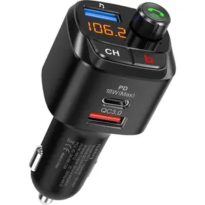 Bluetooth 5.0 FM Transmitter for Car, QC3.0 & USB-C PD 18W Wireless Bluetooth Radio Adapter Music Player Car Kit with Bass Booster, Hands-Free Calls-NX12