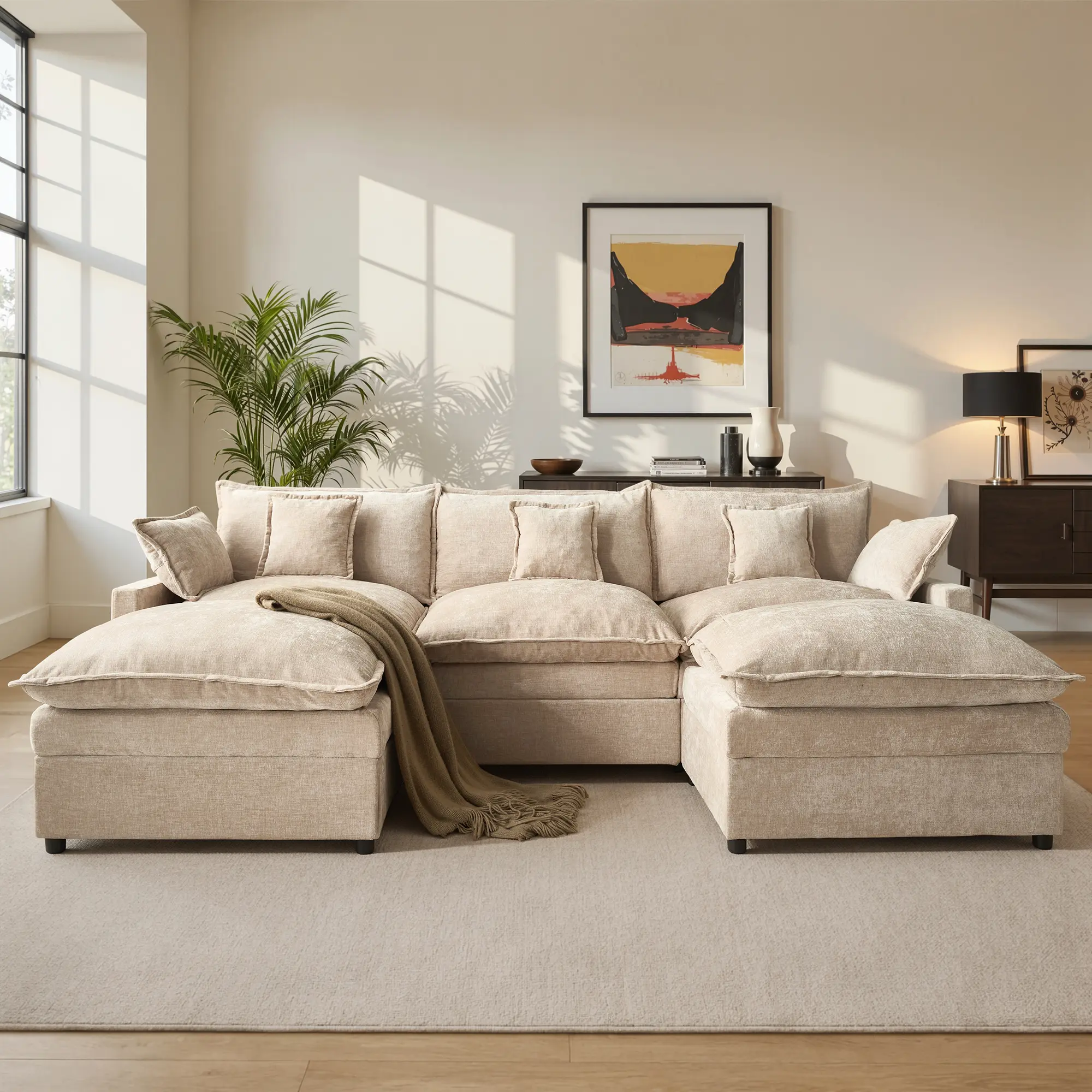 CAODOC 108“ U Shaped Modular Sectional Sofa Cloud Couch with Movable Ottoman, Comfy Chenille Deep Seat Sofa with Throw Pillows, 3 Seat Modern Couches for Living Room Apartment,Free Combination