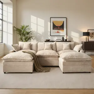 CAODOC 108“ U Shaped Modular Sectional Sofa Cloud Couch with Movable Ottoman, Comfy Chenille Deep Seat Sofa with Throw Pillows, 3 Seat Modern Couches for Living Room Apartment,Free Combination