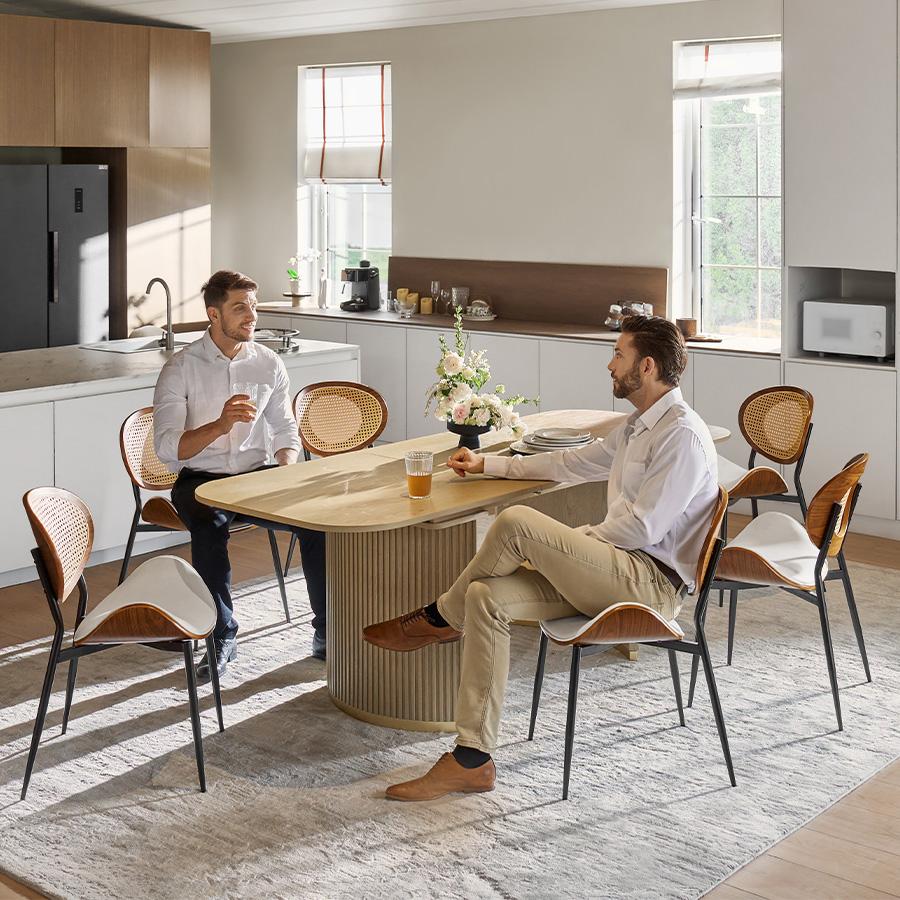 HULALA HOME Flora Modern Dining Chair with Curved Wood Backrest and Faux Leather Cushion, Rattan Woven Accent and Breathable Mesh Back, Ergonomic Wrap-Around Comfort, Upholstered Side Chair for Dining Room, Kitchen, Living Room