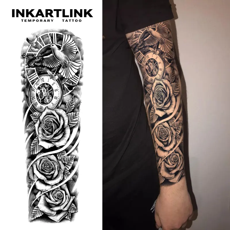 INKARTLINK Tattoo Tech, 2 Sheets Semi-Permanent Temporary Tattoos ,Sleeve Design 7,Adult Art Design,Lasts 1-2 Weeks, Waterproof, Realistic Look, No Adhesive, No Reflection,For Man And Woman,Ideal for Swimming, Party
