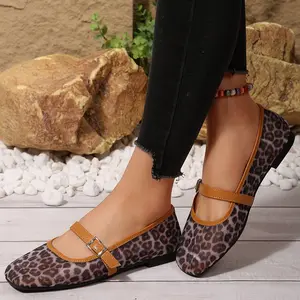 Women's Retro Leopard Print Mesh Flats Anti-Skid Square Toe Buckle Strap Daily Casual Shoes Springfresh