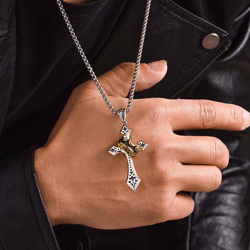 KISSFOO Stainless Steel Crown Cross Necklace for Men and Women Faith Prayer Accessories Gift