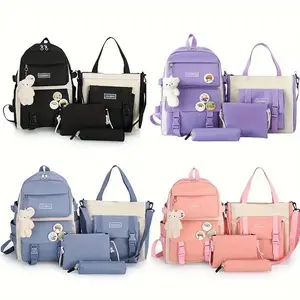 4 Pcs/set Simple Casual Backpack Large Capacity School Bag Travel Bag Canvas Shoulder Bag