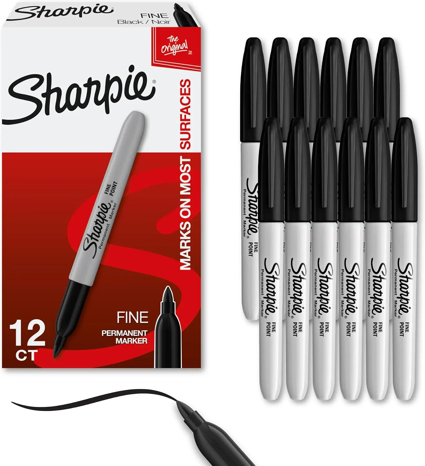 Permanent Markers, Fine Tip, Black, 12-Count Office Stationery - Quick-Drying, Fade-Resistant, For Wood, Plastic, Paper