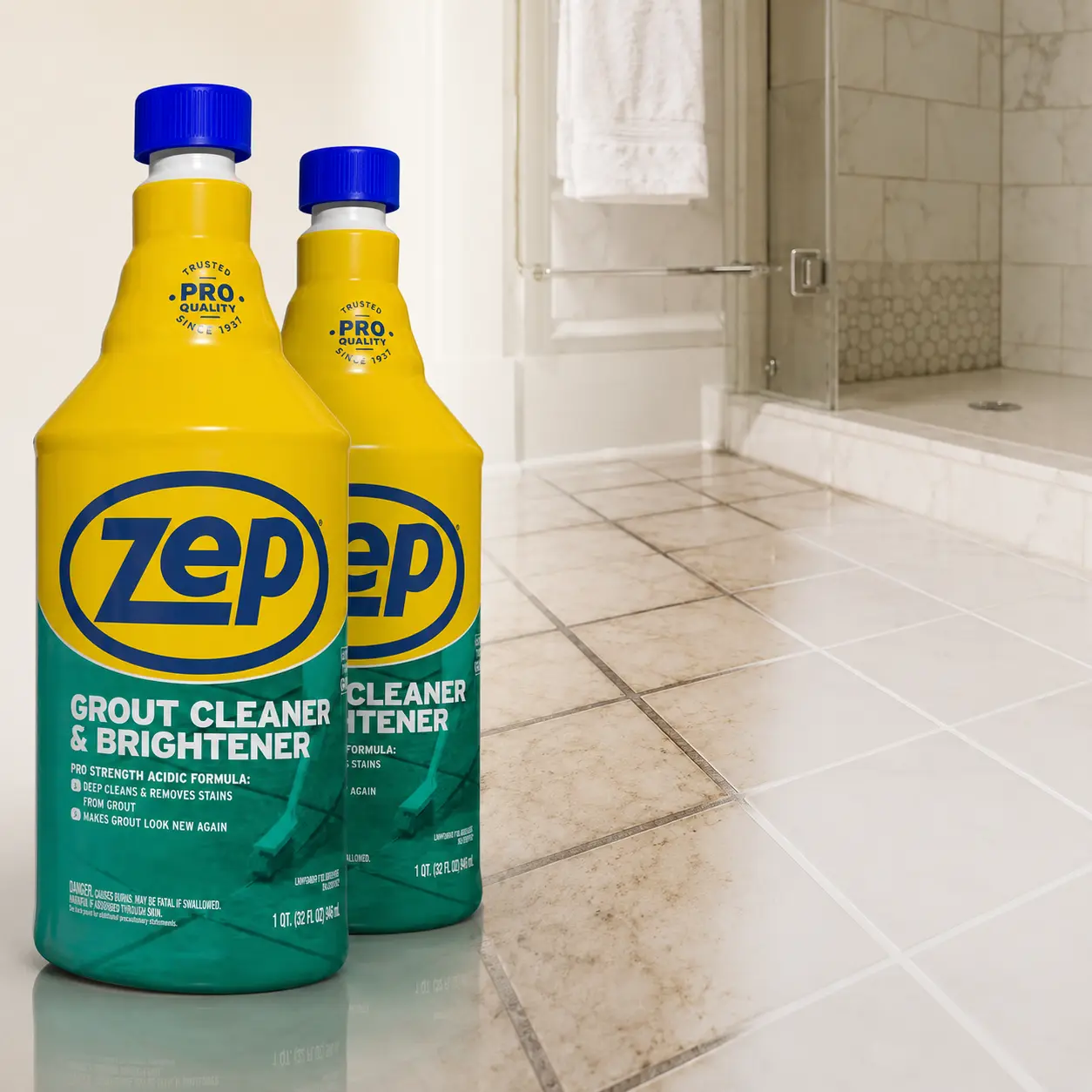 ZEP 32 oz Grout Cleaner and Brightener 2 Pack,grout color restore,deep cleaning,spot use,2x2 sections,ceramic tile,porcelain tile,shower walls,kitchen wall tile,entryway tile,mudroom floor,laundry floors,old grout,dark buildup,residue lift,rental turnover