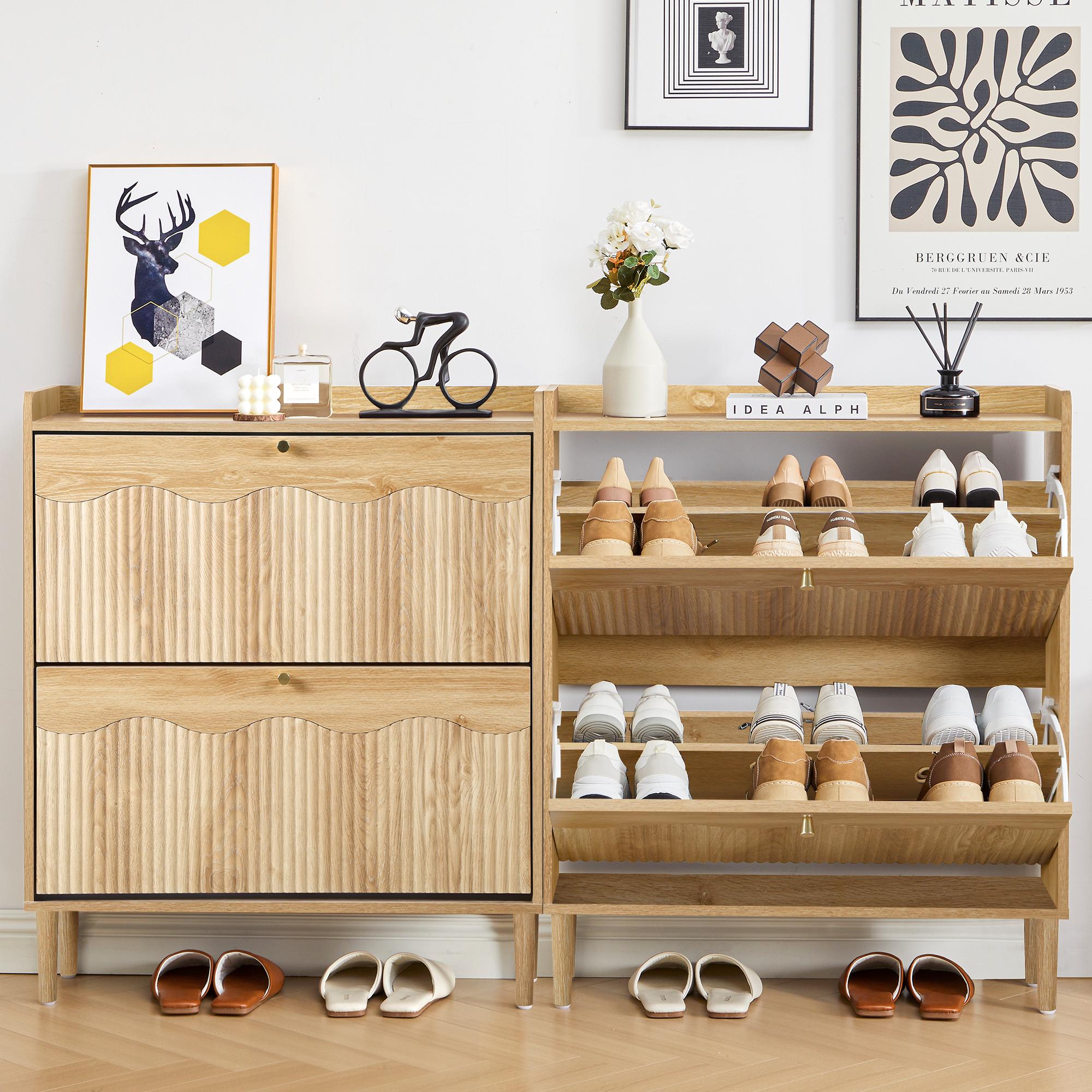 Giratree Wooden Fluted Shoe Cabinet with 2/3/4 Flip Drawers, Stylish Narrow Shoe Storage Organizer with Wave Design, Freestanding Entryway Shoe Rack for Hallway, Living Room Giratree Wooden Fluted Shoe Cabinet with 2/3/4 Flip Drawers, Stylish Narrow Shoe Storage Organizer with Wave Design, Freestanding Entryway Shoe Rack for Hallway, Living Room