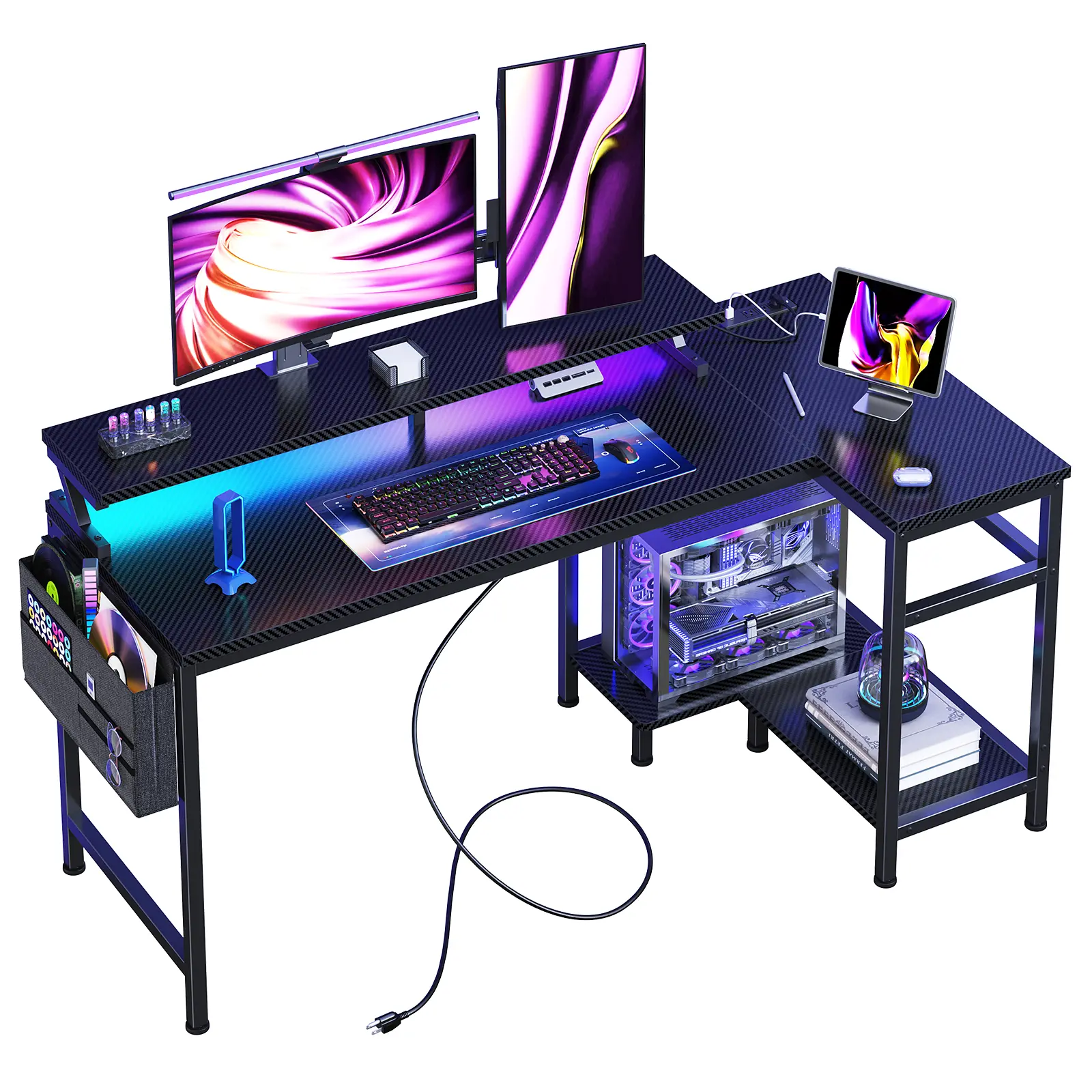 L Shaped Gaming Desk，With RGB LED Lights, Built In 3 Power Outlets And 2 USB Charging Ports, Spacious Desktop With Under Bookshelf And Storage Shelves, Side Storage Bag And Headphone Hook, Sturdy Metal Frame For Home Office And Game Room