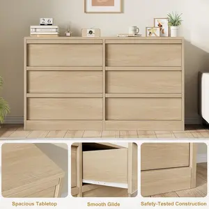 6 Drawer Dresser for Bedroom, 46in Wide Natural Oak with Large Storage, Wooden Dresser Organizer for Living Room, Nursery, Entryway