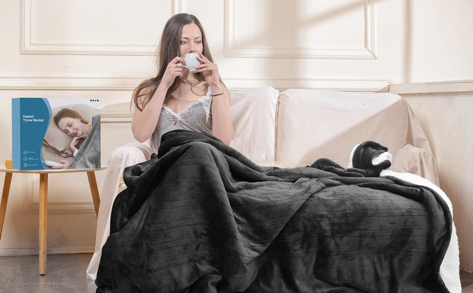 AUKFA Heated Blanket Throw Full Twin Soft Flannel Sherpa Electric Blanket 6 Heat Levels 8 Hours Timer Auto Off Fast Heating for Home Office Use - Heater