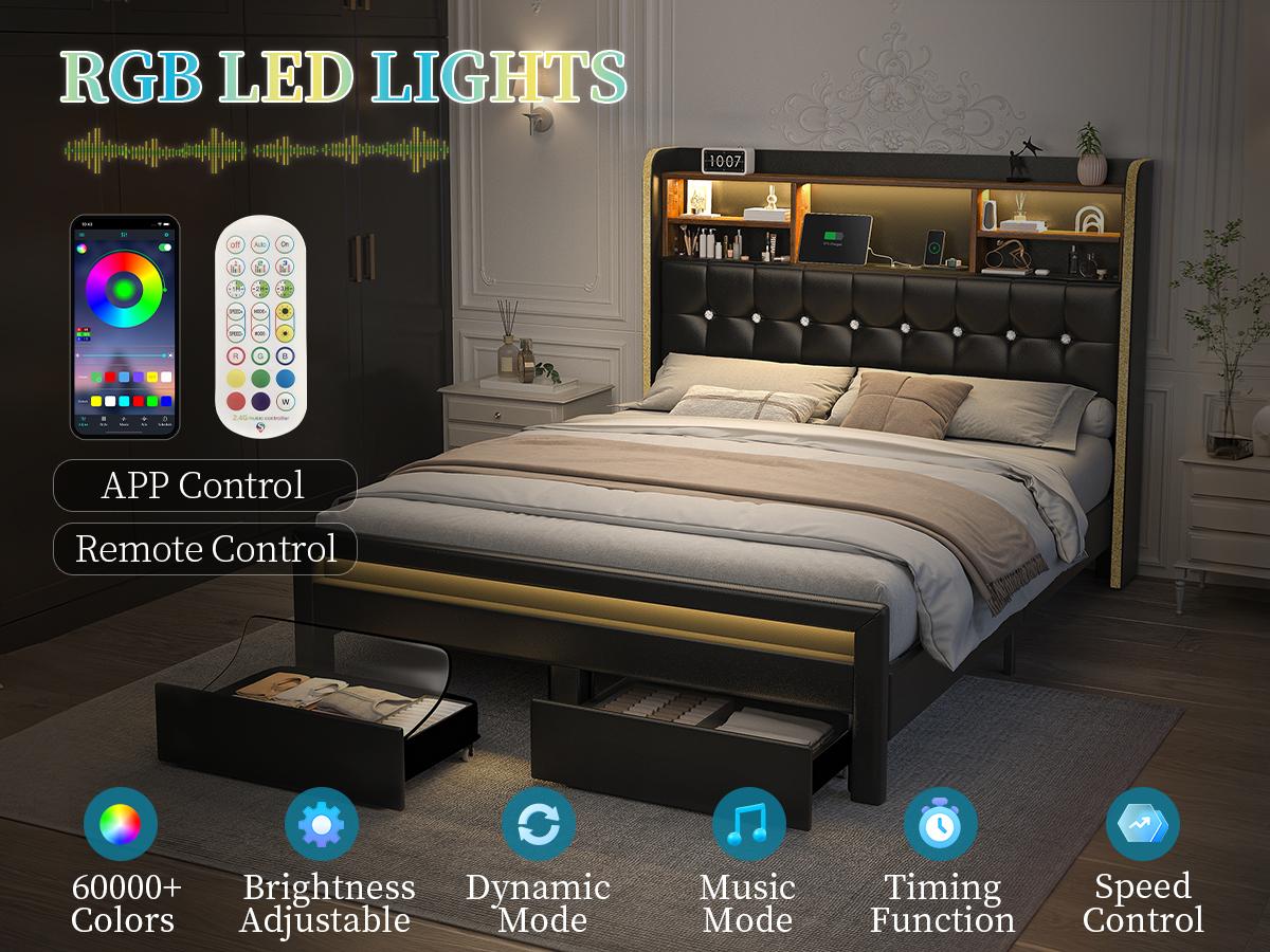 California King Bed Frame with Bookcase Storage Headboard and 2 Drawers, 52" Ultra-High LED Bedframe with Charging Station, Linen Upholstered Crystal Button Tufted Wingback Beds with Footboard,Black/White/Cream/Gray