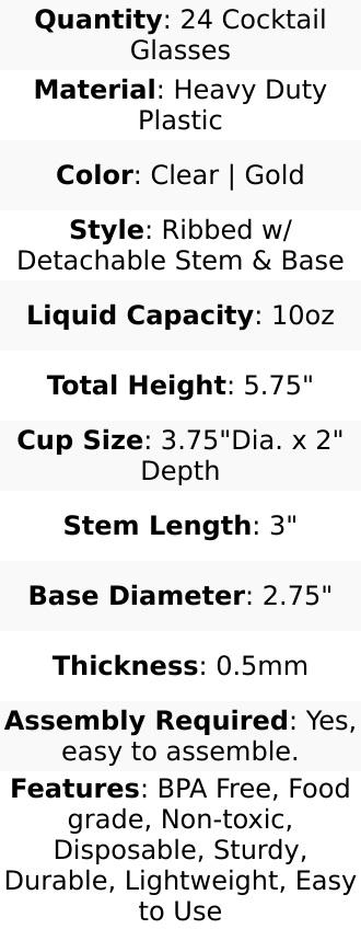 24-Pack Plastic Cocktail Glasses – 10oz Clear Ribbed Premium Disposable Coupe Champagne Cups with Gold Detachable Stem & Base – Party & Event Drinkware
